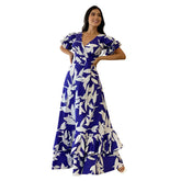 Graceful V neck Lace up Tight Waist Elegant Large Stitching Wooden Ear Dress